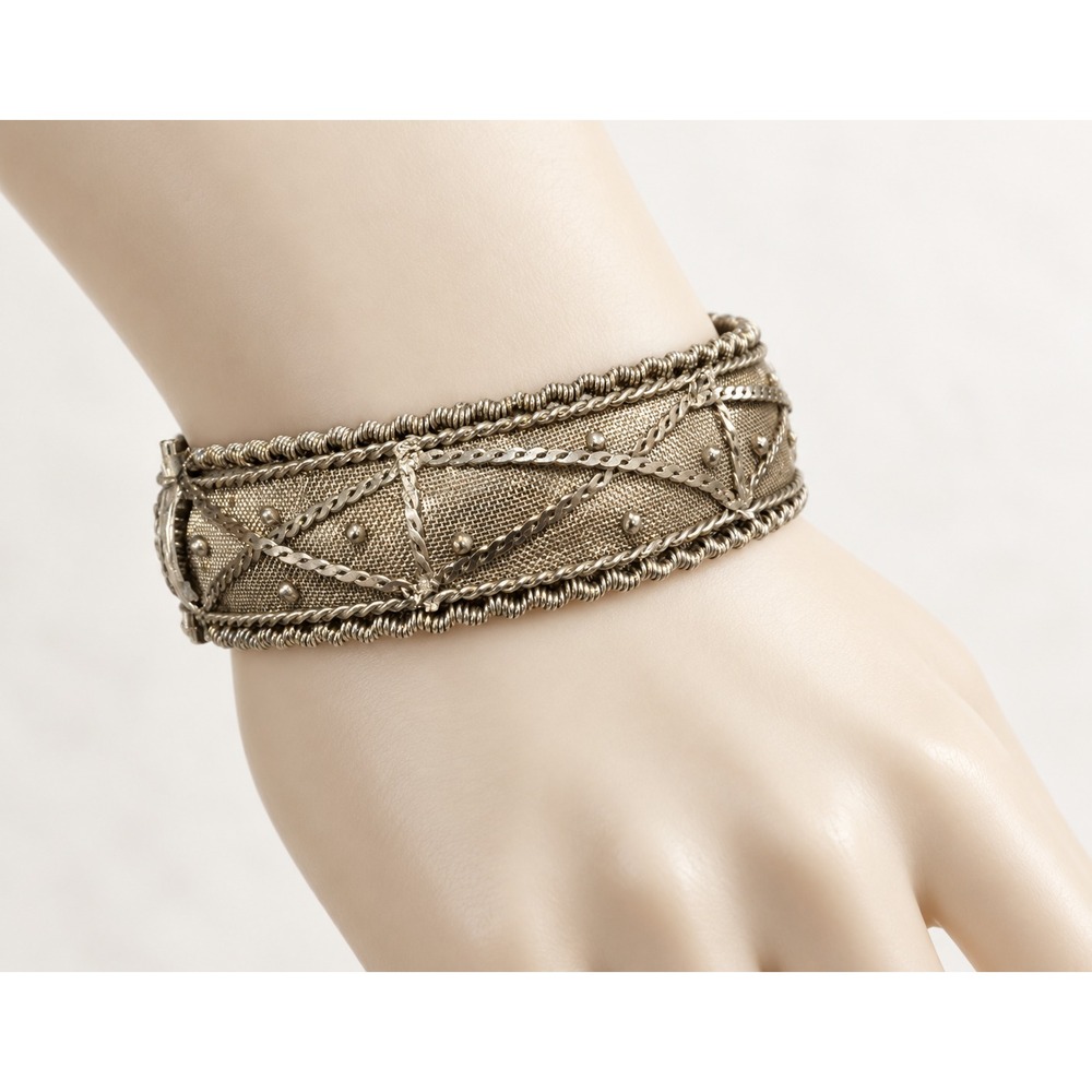 Vintage Silver Tone Mesh Hinged Clamper Bracelet Ornate Filigree Boho 7."